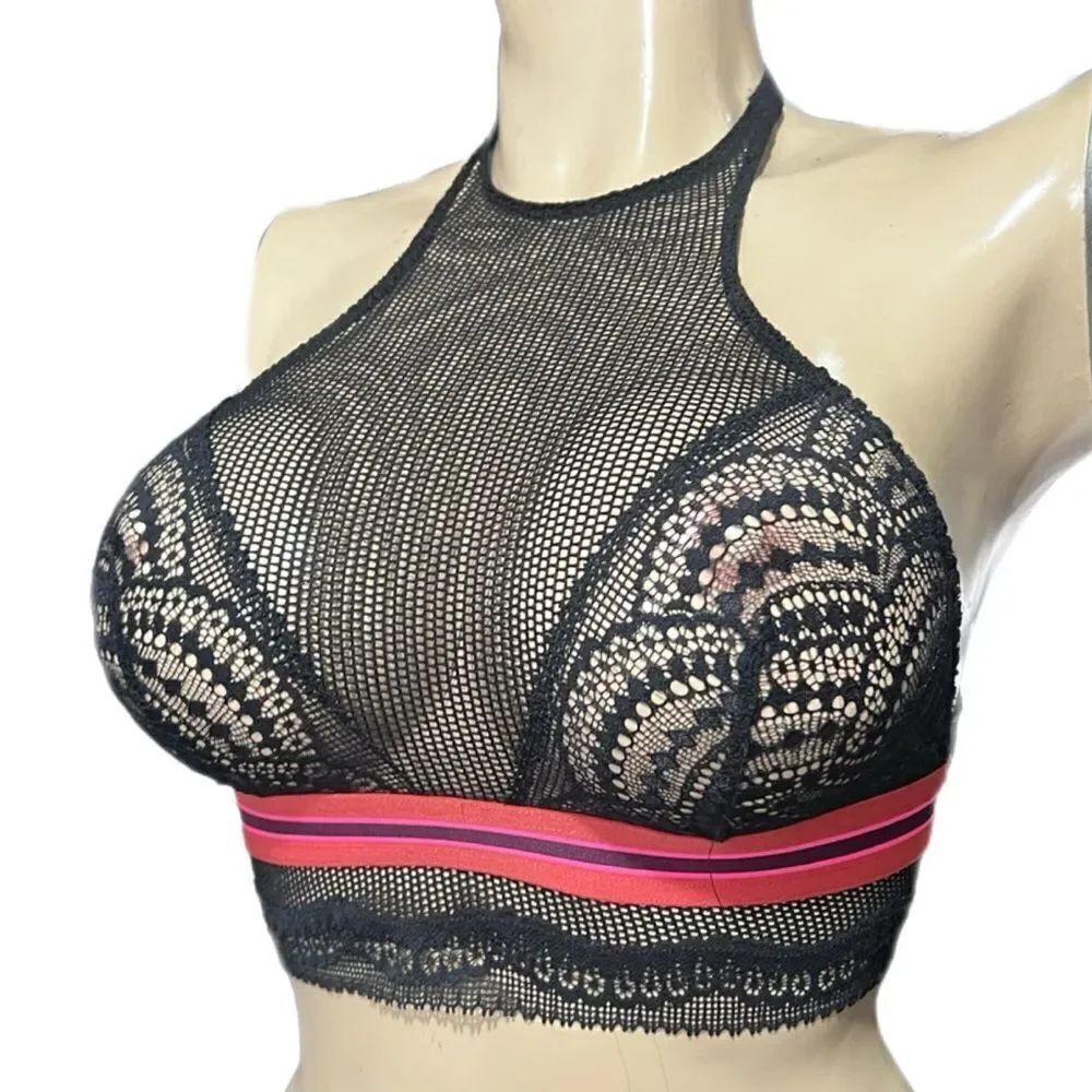 Victorias Secret Very Sexy High Neck Halter sheer lace bonded bralette bra black